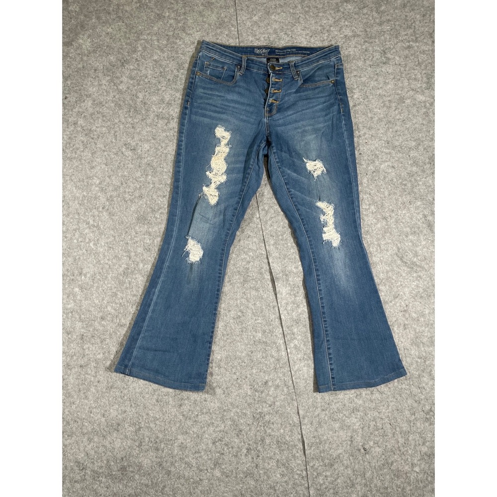 Mossimo Denim Womens Mid Rise Flip-Flop Flare Distressed Blue Jeans Button Fly